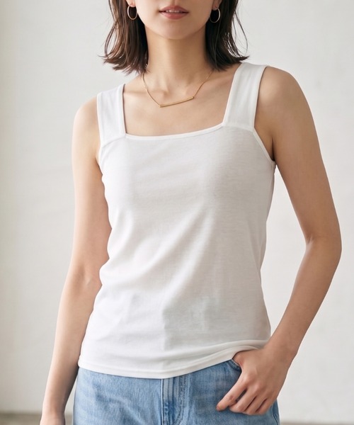Belta attrice（ベルタアトリーチェ）の「【接触冷感/日本製】ブラ紐隠し インナー タンクトップ スクエアネック 強撚コットン100/袖なし（タンクトップ・レディース・ライトグレー/ライトブルー/ブラック/オフホワイト・FREE）」の6枚目の写真