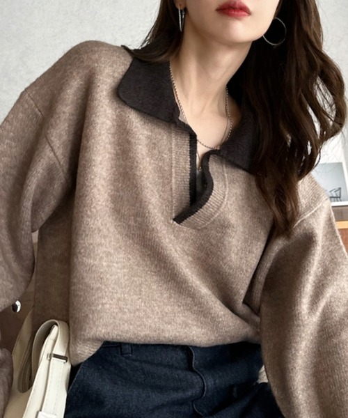 Eclat one(エクラワン)の「【Eclat one】配色 ポロネック 長袖 ニット プルオーバー(ニット/セーター・レディース・アイボリー/グレイッシュベージュ/ブラック・FREE)」の3枚目の写真