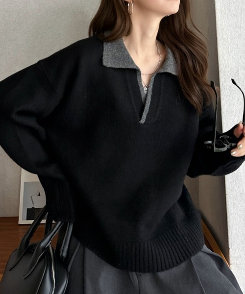 Eclat one(エクラワン)の「【Eclat one】配色 ポロネック 長袖 ニット プルオーバー(ニット/セーター・レディース・アイボリー/グレイッシュベージュ/ブラック・FREE)」の2枚目の写真