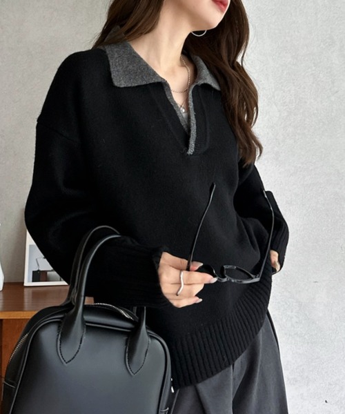 Eclat one(エクラワン)の「【Eclat one】配色 ポロネック 長袖 ニット プルオーバー(ニット/セーター・レディース・アイボリー/グレイッシュベージュ/ブラック・FREE)」の8枚目の写真