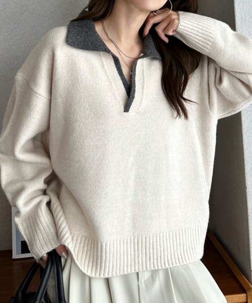 Eclat one(エクラワン)の「【Eclat one】配色 ポロネック 長袖 ニット プルオーバー(ニット/セーター・レディース・アイボリー/グレイッシュベージュ/ブラック・FREE)」の13枚目の写真
