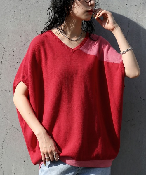 antiqua(アンティカ)の「配色 サマーニット(ニット/セーター・レディース・ネイビー/ベージュ系その他/ブラック/レッド・ONESIZE)」の4枚目の写真