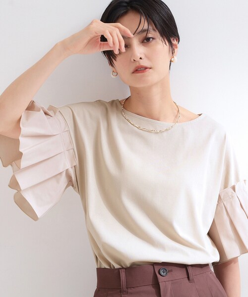 OPAQUE.CLIP(オペークドットクリップ)の「【接触冷感】タックスリーブカットソー《洗濯機OK》(Tシャツ/カットソー・レディース・ブラック/ライトベージュ/パープル/ホワイト・42/40/38)」の5枚目の写真
