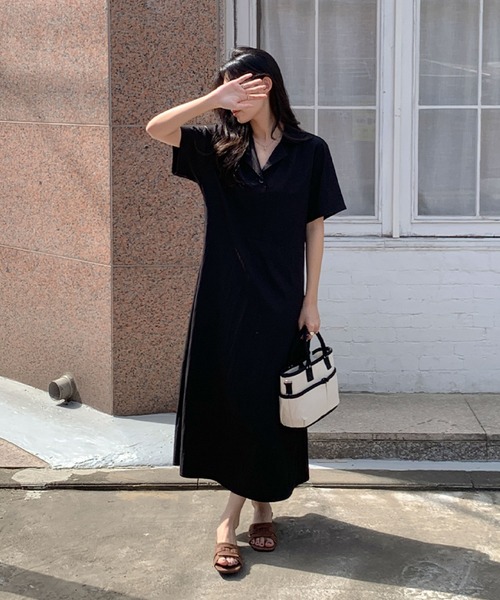 2ly2(トゥーリートゥー)の「スキッパーカラーフレアロングワンピース 半袖ゆったりワンピース レディース(ワンピース・レディース・ブラック/ベージュ・FREE)」の12枚目の写真