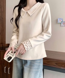 ビッグカラー レース袖デザイン 長袖トップス / フェミニン カットソー