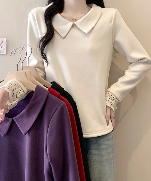 2ly2(トゥーリートゥー)の「ビッグカラー レース袖デザイン 長袖トップス / フェミニン カットソー(Tシャツ/カットソー・レディース・ボルドー/アイボリー/パープル/ブラック・FREE)」の12枚目の写真