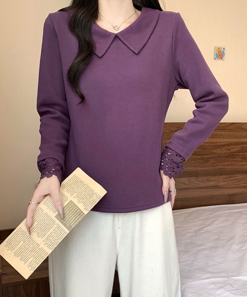 2ly2(トゥーリートゥー)の「ビッグカラー レース袖デザイン 長袖トップス / フェミニン カットソー(Tシャツ/カットソー・レディース・ボルドー/アイボリー/パープル/ブラック・FREE)」の8枚目の写真