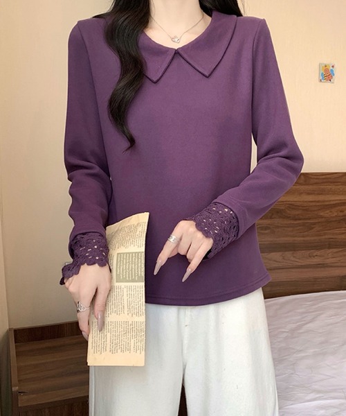 2ly2(トゥーリートゥー)の「ビッグカラー レース袖デザイン 長袖トップス / フェミニン カットソー(Tシャツ/カットソー・レディース・ボルドー/アイボリー/パープル/ブラック・FREE)」の6枚目の写真