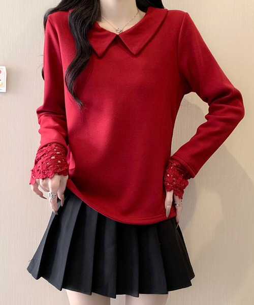 2ly2(トゥーリートゥー)の「ビッグカラー レース袖デザイン 長袖トップス / フェミニン カットソー(Tシャツ/カットソー・レディース・ボルドー/アイボリー/パープル/ブラック・FREE)」の21枚目の写真