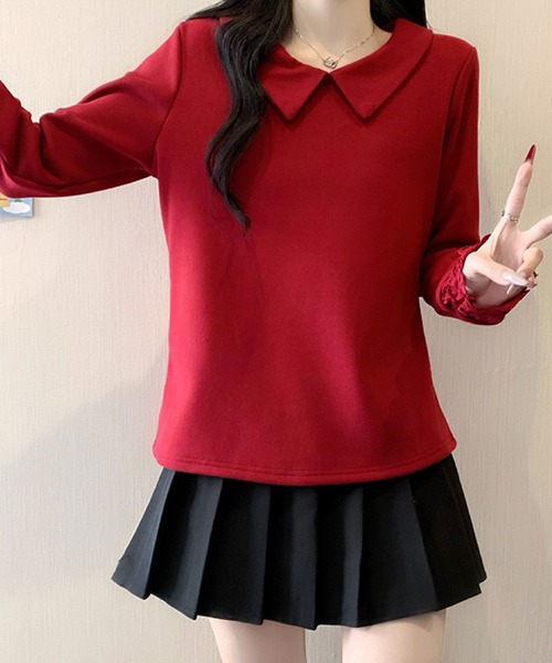 2ly2(トゥーリートゥー)の「ビッグカラー レース袖デザイン 長袖トップス / フェミニン カットソー(Tシャツ/カットソー・レディース・ボルドー/アイボリー/パープル/ブラック・FREE)」の9枚目の写真