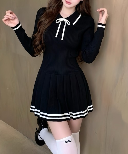 Mejoul(メジュール)の「【2026秋冬新作】バイカラーライン 襟付きプリーツニットミニワンピース(ワンピース・レディース・ホワイト/ブラック・F)」の8枚目の写真