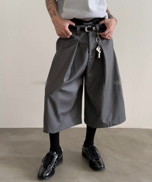 FreeZone(フリーゾーン)の「グレー・ブラック タックワイドクロップドパンツ(チノパンツ・メンズ・ブラック/グレー・LARGE/MEDIUM/SMALL)」の1枚目の写真