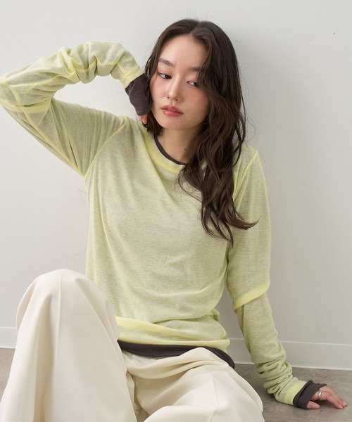 NOGLE（ノグル）の「【NOGLE/ノグル】2セットパック シアーカラーロンT（Tシャツ/カットソー・レディース・ブラック系/グレー系/ブラウン系/イエロー系/ワイン系・FREE）」の4枚目の写真