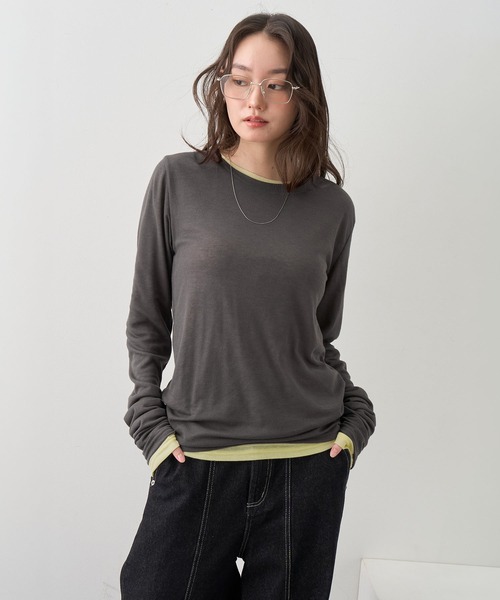 NOGLE(ノグル)の「【NOGLE/ノグル】2セットパック シアーカラーロンT(Tシャツ/カットソー・レディース・ブラック系/グレー系/ブラウン系/イエロー系/ワイン系・FREE)」の6枚目の写真