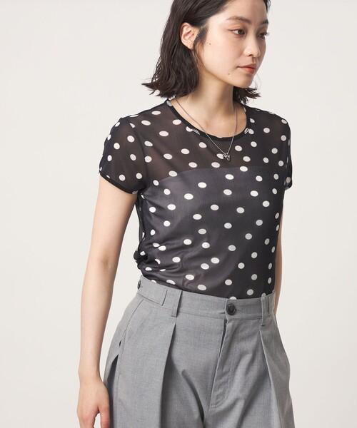 CITEN(シテン)の「<CITEN>シアードットキャップスリーブトップ(Tシャツ/カットソー・レディース・ブラック/ホワイト・フリー)」の2枚目の写真