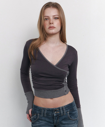 Selena Button Wrap long sleeve Top (Charcoal)