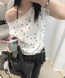 ワンショルダー総柄 Tシャツ 星スタープリント ゆったりシルエット トップス