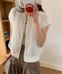 ドット柄チュールレイヤードノースリーブジップアップブルゾン
