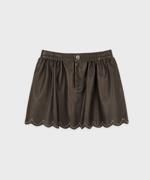 SINOON(シヌーン)の「Scalloped-Edge Faux Leather Mini Skirt (Brown)(スカート・レディース・ダークブラウン・MEDIUM/SMALL)」の4枚目の写真