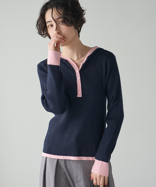 FREAK'S STORE(フリークスストア)の「配色リブニットフーディー/フードニット(ニット/セーター・レディース・グレー/ライトグレー/ネイビー/オフホワイト・フリ-)」の4枚目の写真