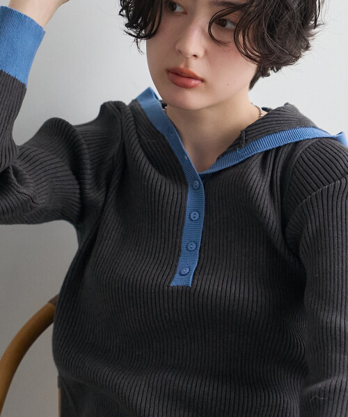 FREAK'S STORE(フリークスストア)の「配色リブニットフーディー/フードニット(ニット/セーター・レディース・グレー/ライトグレー/ネイビー/オフホワイト・フリ-)」の2枚目の写真