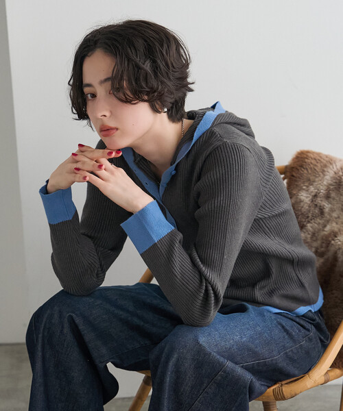 FREAK'S STORE(フリークスストア)の「配色リブニットフーディー/フードニット(ニット/セーター・レディース・グレー/ライトグレー/ネイビー/オフホワイト・フリ-)」の6枚目の写真