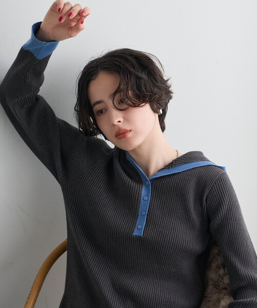 FREAK'S STORE(フリークスストア)の「配色リブニットフーディー/フードニット(ニット/セーター・レディース・グレー/ライトグレー/ネイビー/オフホワイト・フリ-)」の7枚目の写真