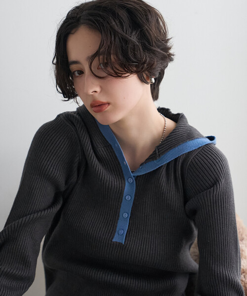 FREAK'S STORE(フリークスストア)の「配色リブニットフーディー/フードニット(ニット/セーター・レディース・グレー/ライトグレー/ネイビー/オフホワイト・フリ-)」の8枚目の写真