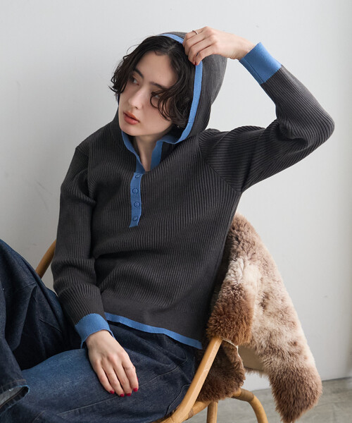FREAK'S STORE(フリークスストア)の「配色リブニットフーディー/フードニット(ニット/セーター・レディース・グレー/ライトグレー/ネイビー/オフホワイト・フリ-)」の10枚目の写真