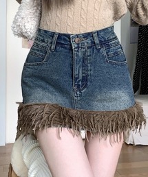 裾フリンジファーデニムミニスカート インナーパンツ付き