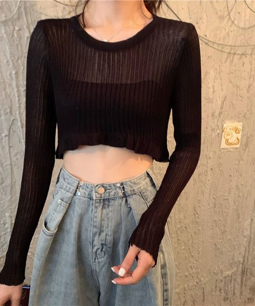 L LABEL（エルラベル）の「クロップドシアーニットTシャツ（ニット/セーター・レディース・ホワイト/グレー/ブラック・FREE）」の5枚目の写真