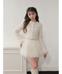 Fur trim collarless tweed jacket(eme11117)