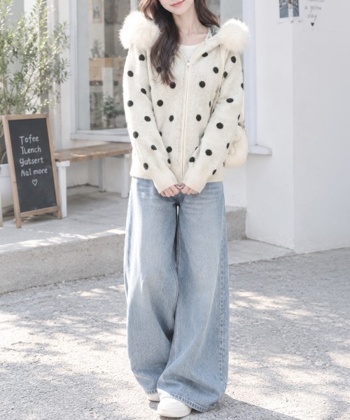 Miniministore(ミニミニストア)の「ドット柄ファーフードニットブルゾン韓国風(ニット/セーター・レディース・ベージュ/アイボリー/ネイビー/グレー・FREE)」の11枚目の写真