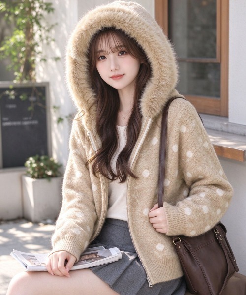Miniministore(ミニミニストア)の「ドット柄ファーフードニットブルゾン韓国風(ニット/セーター・レディース・ベージュ/アイボリー/ネイビー/グレー・FREE)」の9枚目の写真