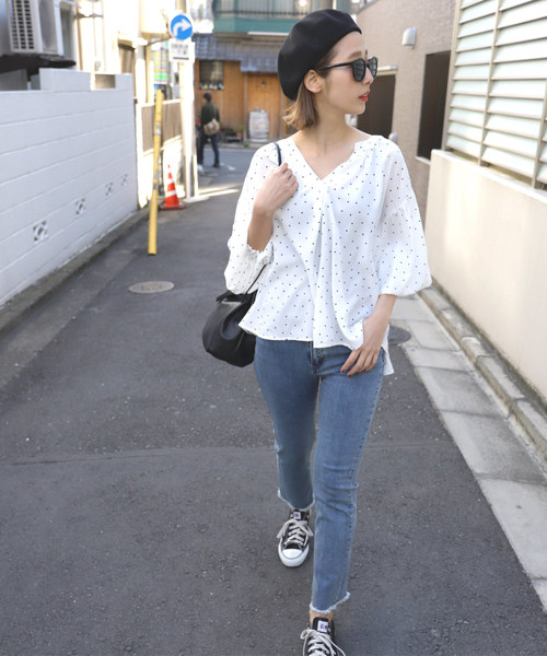 coca（coca）（コカ）の「ドット柄バルーンスリーブキーネックブラウス（シャツ/ブラウス・レディース・ブラック/ホワイト・ONE SIZE）」の7枚目の写真