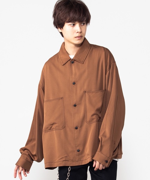 WEGO（ウィゴー）の「WEGO/カラーステッチビッグシルエットシャツ（シャツ/ブラウス・メンズ・ベージュ/ブラウン/ブラック/パープル・MEDIUM/LARGE）」の3枚目の写真