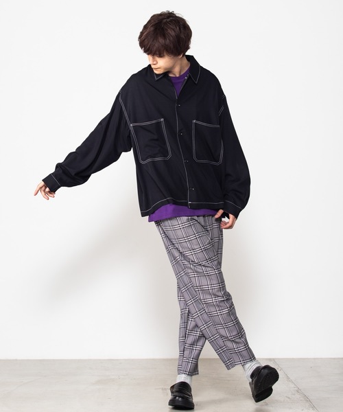 WEGO（ウィゴー）の「WEGO/カラーステッチビッグシルエットシャツ（シャツ/ブラウス・メンズ・ベージュ/ブラウン/ブラック/パープル・MEDIUM/LARGE）」の9枚目の写真