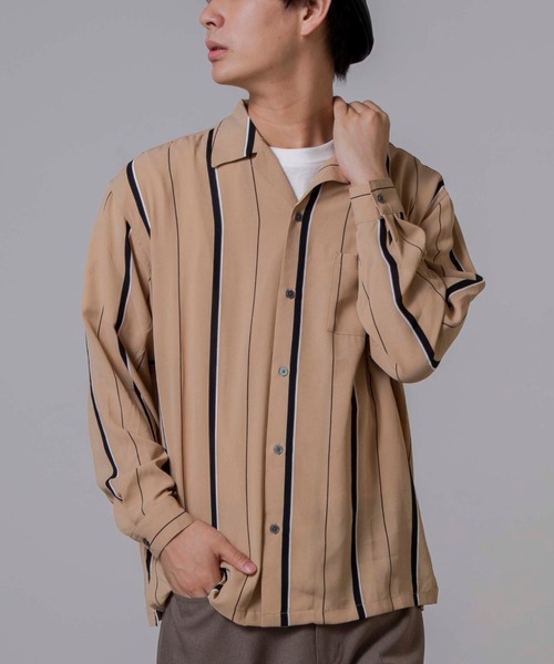 WEGO(ウィゴー)の「WEGO/クラブストライプ開襟シャツ(シャツ/ブラウス・メンズ・ブラック系その他4/ベージュ系その他4・MEDIUM/LARGE)」の1枚目の写真