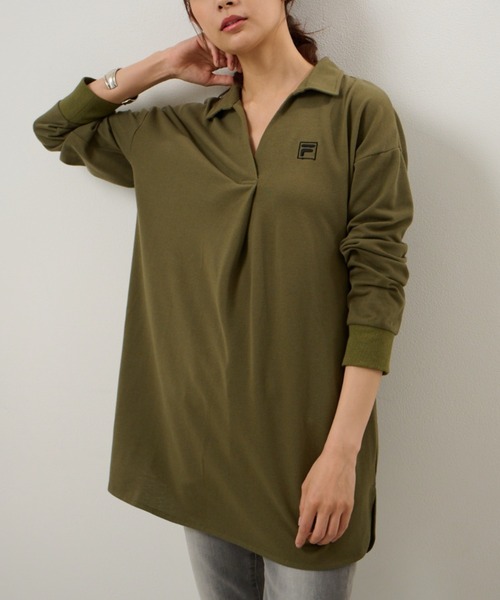 FILA(フィラ)の「<FILA/フィラ>鹿の子チュニック長袖ポロ(ポロシャツ・レディース・ブラック/ネイビー/グレー/コーラルピンク/ミント/ラベンダー/カーキ/ブルーグリーン/バイオレット・L/LL/M)」の4枚目の写真