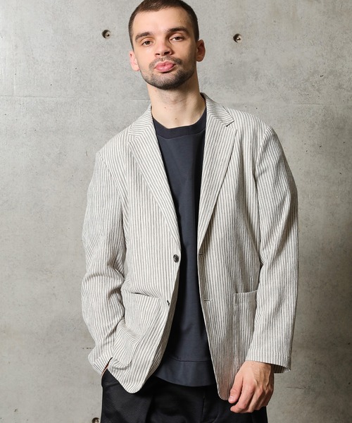 FUSE(フューズ)の「麻混カールマイヤー編みストライプジャケット(テーラードジャケット・メンズ・ホワイト×ネイビー/オレンジ・02/03/01)」の8枚目の写真