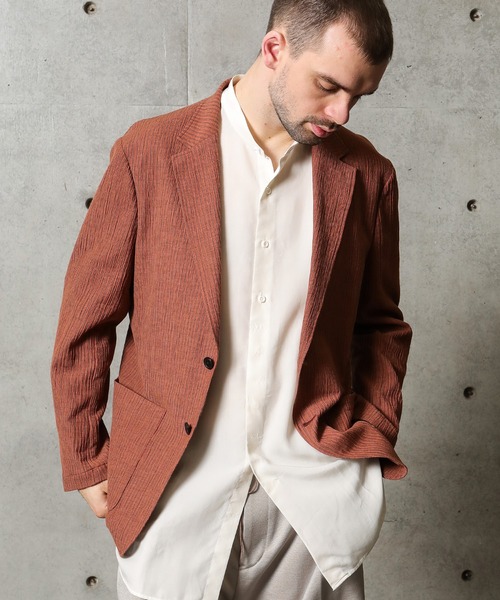 FUSE(フューズ)の「麻混カールマイヤー編みストライプジャケット(テーラードジャケット・メンズ・ホワイト×ネイビー/オレンジ・02/03/01)」の4枚目の写真