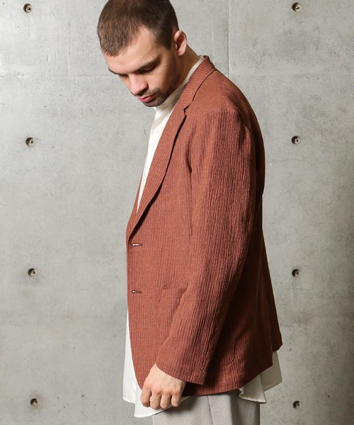 FUSE(フューズ)の「麻混カールマイヤー編みストライプジャケット(テーラードジャケット・メンズ・ホワイト×ネイビー/オレンジ・02/03/01)」の5枚目の写真