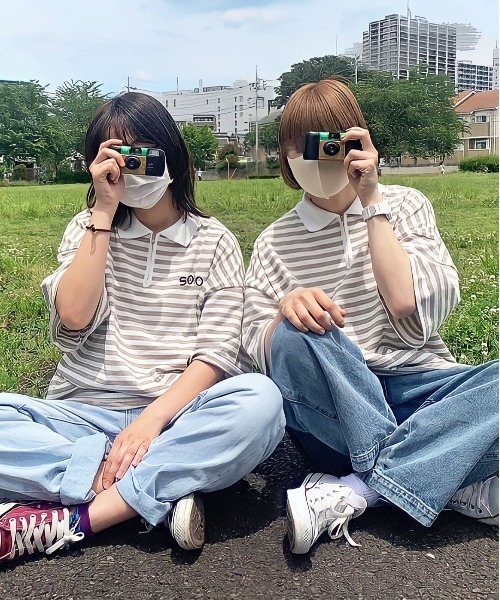 PairPair(ペアペア)の「ハーフジップボーダーT(ユニセックス)(Tシャツ/カットソー・メンズ・パープル系その他/グリーン系その他/ベージュ・FREE)」の2枚目の写真