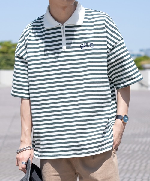 PairPair(ペアペア)の「ハーフジップボーダーT(ユニセックス)(Tシャツ/カットソー・メンズ・パープル系その他/グリーン系その他/ベージュ・FREE)」の3枚目の写真