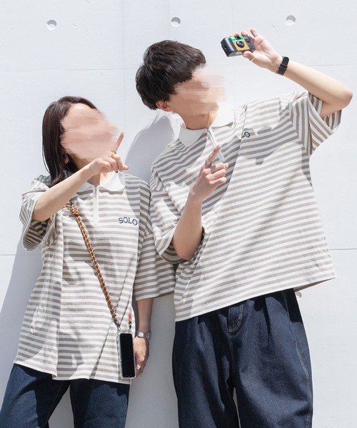 PairPair(ペアペア)の「ハーフジップボーダーT(ユニセックス)(Tシャツ/カットソー・メンズ・パープル系その他/グリーン系その他/ベージュ・FREE)」の4枚目の写真