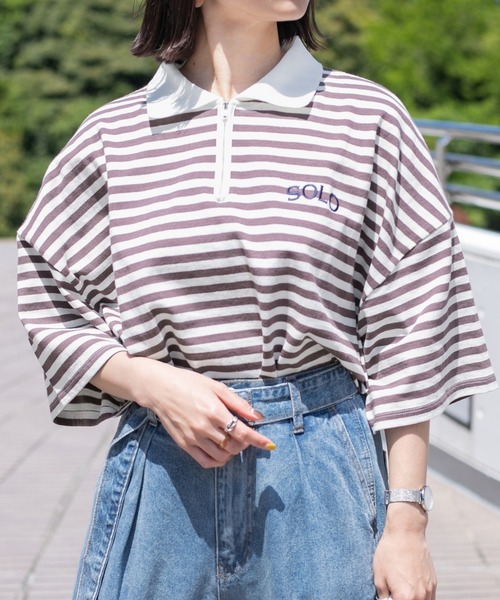 PairPair(ペアペア)の「ハーフジップボーダーT(ユニセックス)(Tシャツ/カットソー・メンズ・パープル系その他/グリーン系その他/ベージュ・FREE)」の9枚目の写真