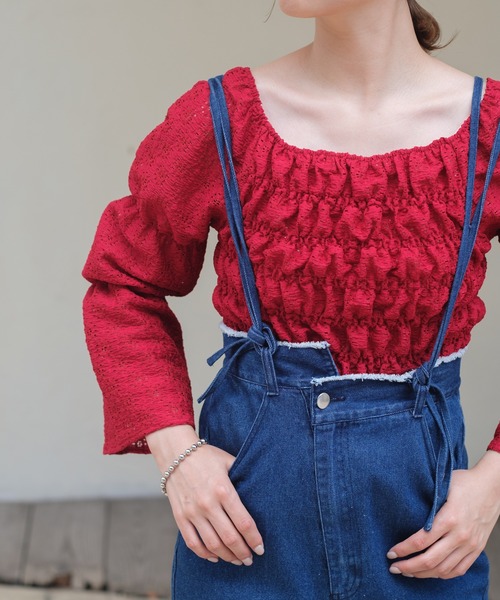 Kastane(カスタネ)の「レースジャガードシャーリングブラウス(シャツ/ブラウス・レディース・アイボリー/グリーン/レッド・FREE)」の3枚目の写真