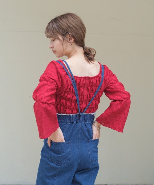 Kastane(カスタネ)の「レースジャガードシャーリングブラウス(シャツ/ブラウス・レディース・アイボリー/グリーン/レッド・FREE)」の4枚目の写真