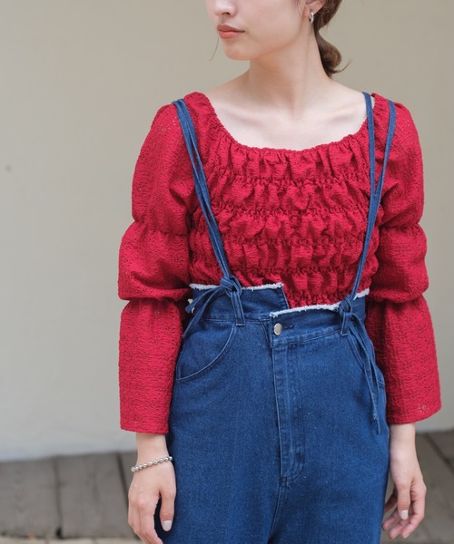 Kastane(カスタネ)の「レースジャガードシャーリングブラウス(シャツ/ブラウス・レディース・アイボリー/グリーン/レッド・FREE)」の8枚目の写真