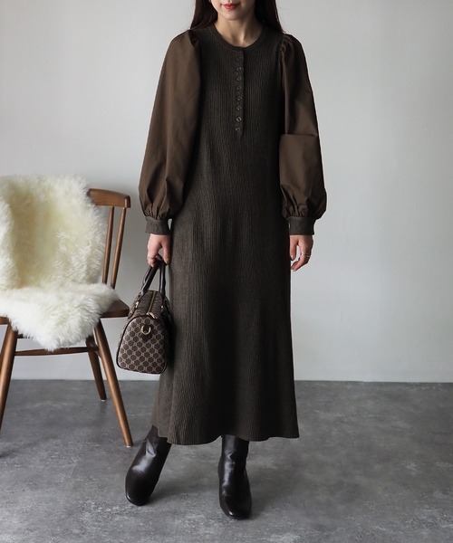 Riberry（リベリー）の「袖異素材切替ニットワンピース（ワンピース・レディース・ブラック/ダークグリーン/ブラウン・MEDIUM）」の12枚目の写真